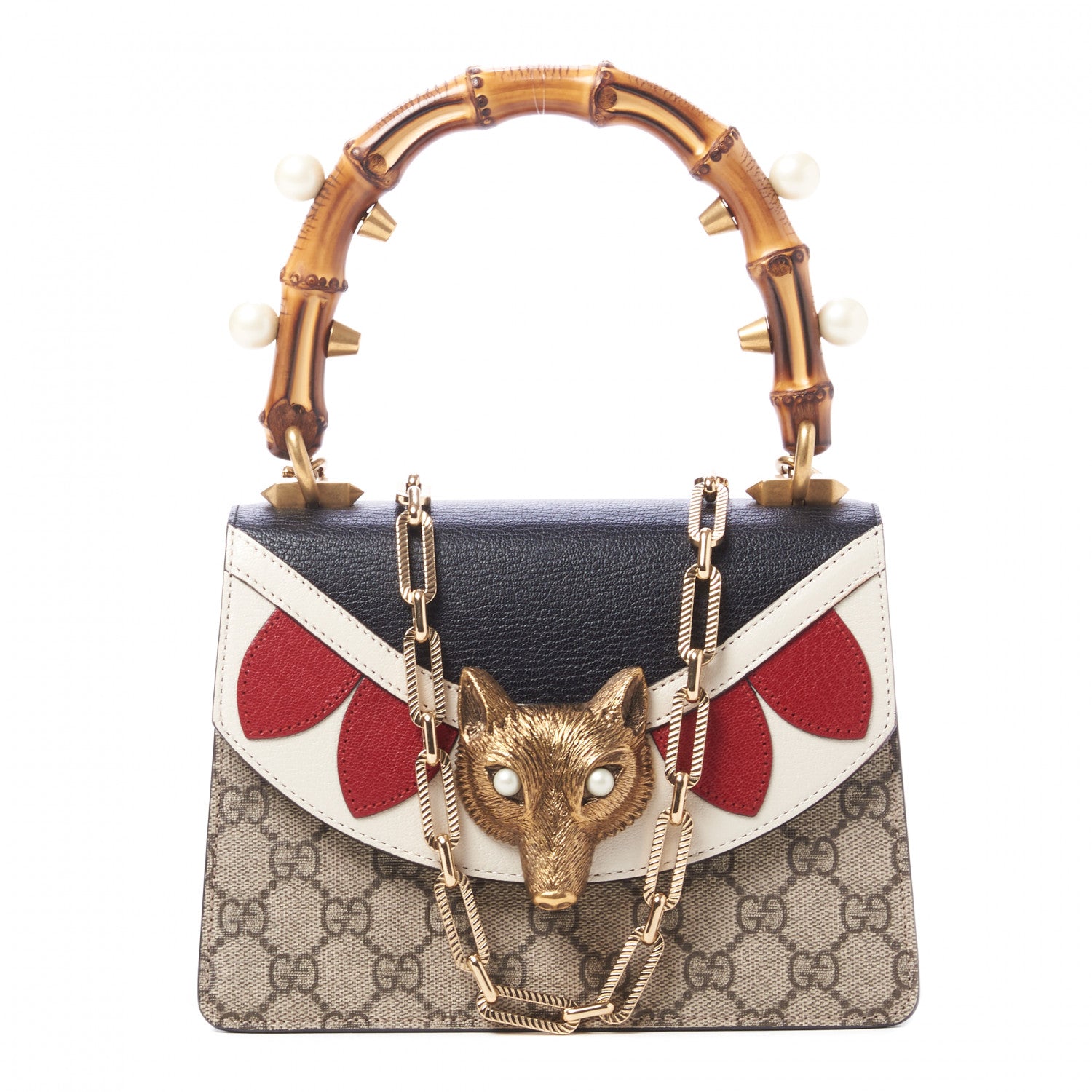 Gucci GG Supreme Monogram Goatskin Pearl Mini Fox Broche Bamboo Top Handle Bag Beige Ebony Black Hibiscus Red Mystic White 1 of 10