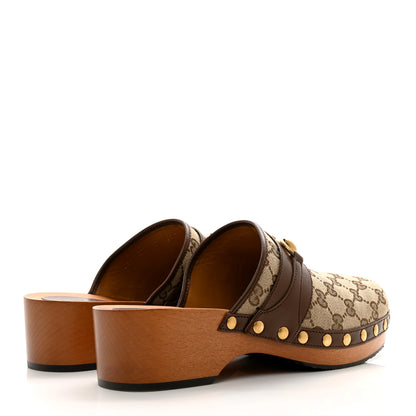 Gucci Monogram Quentin Goatskin Womens Horsebit Clog Mules 7 Beige Ebony Brown Sugar 4 of 10
