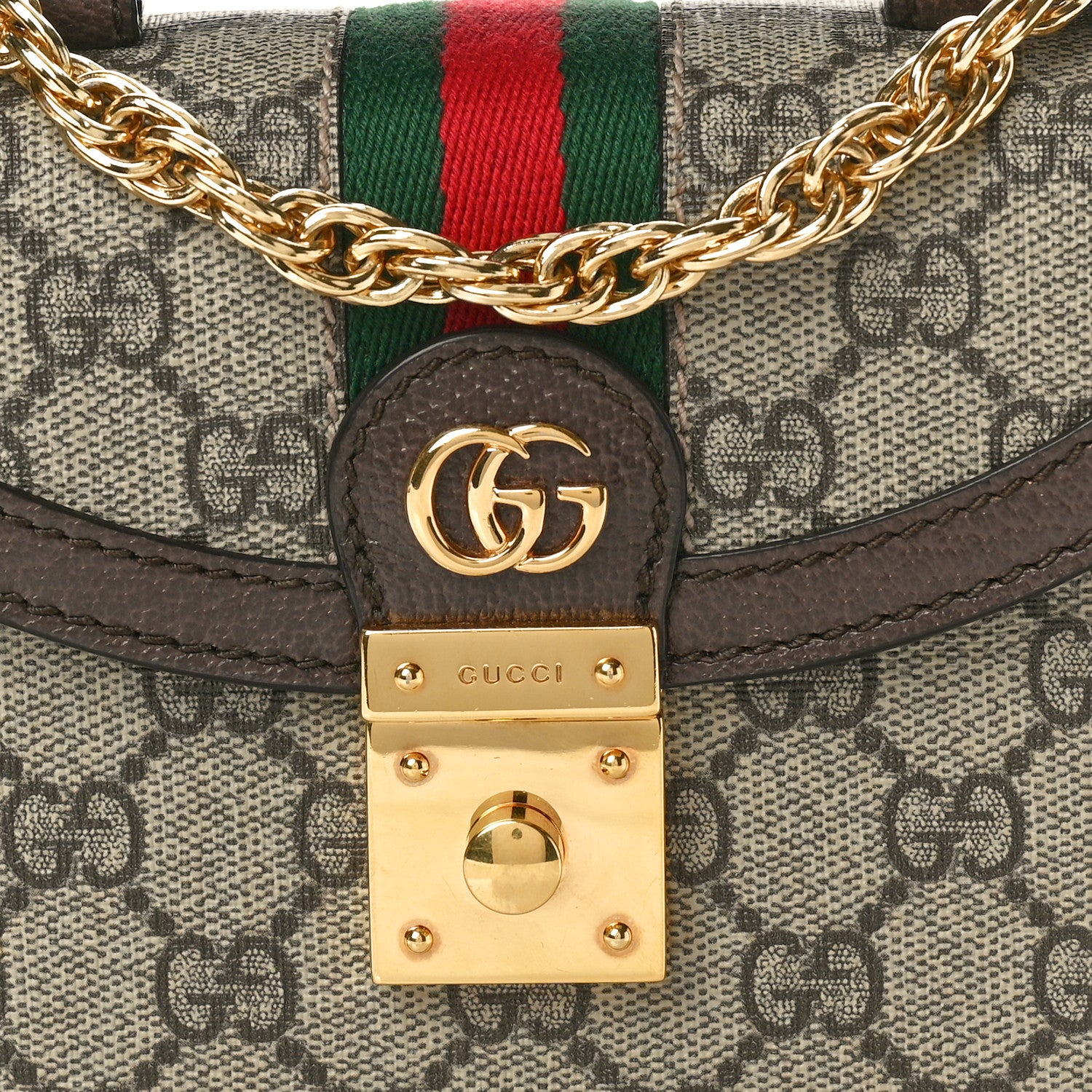Gucci GG Supreme Monogram Textured Dollar Calfskin Web Mini Ophidia Padlock Top Handle Chain Shoulder Bag Beige Ebony New Acero 8 of 10