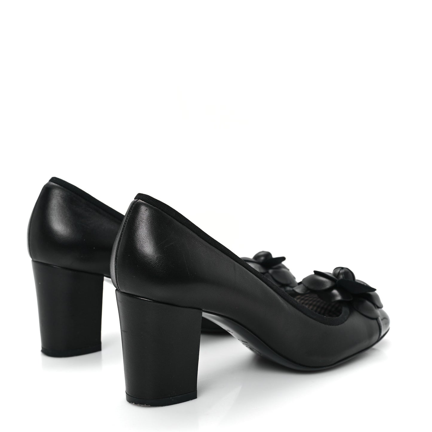 Lambskin Patent Calfskin Pearl Camellia Cap Toe Pumps 38.5 Black