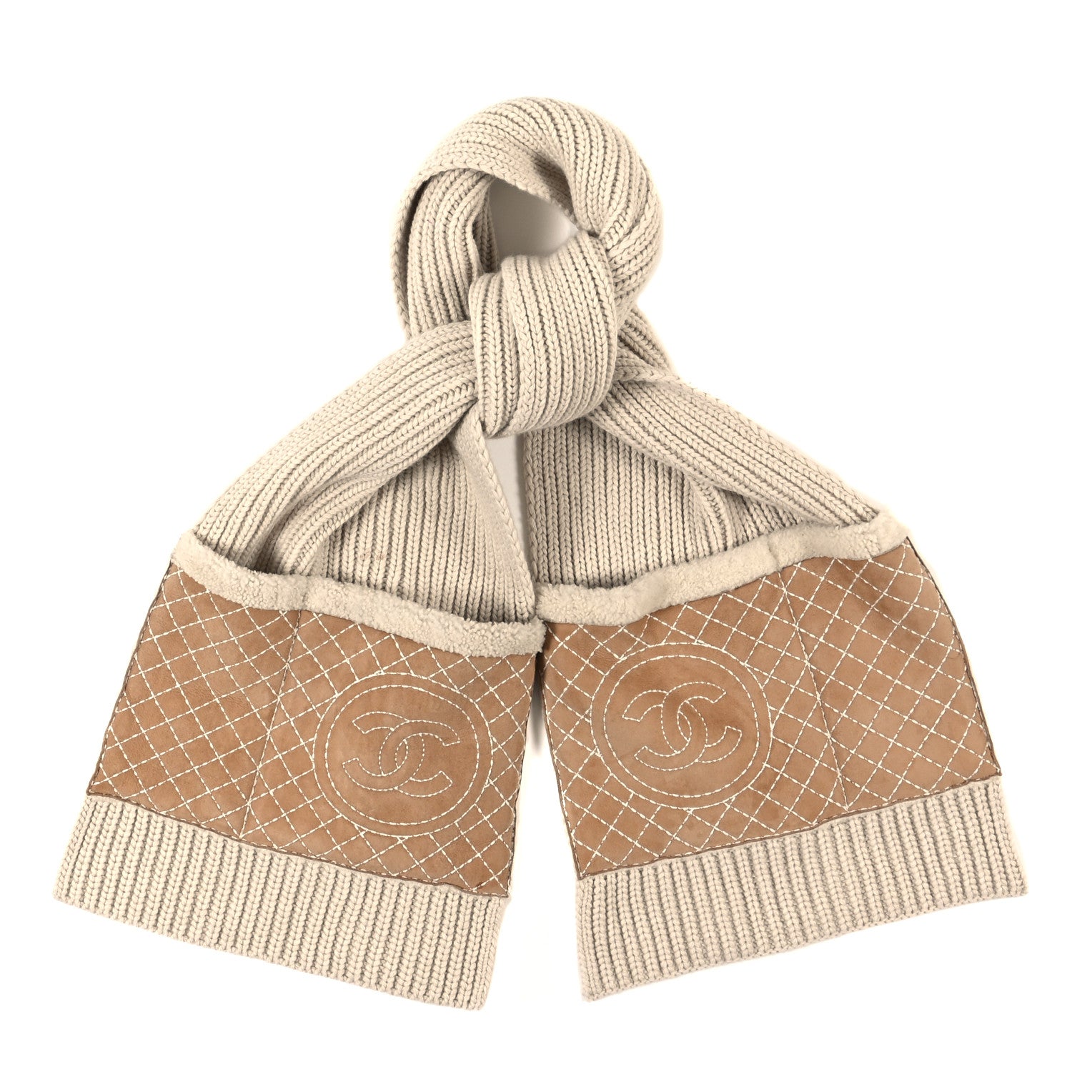 Chanel Cashmere Suede Quilted CC Scarf Beige 1 of 3