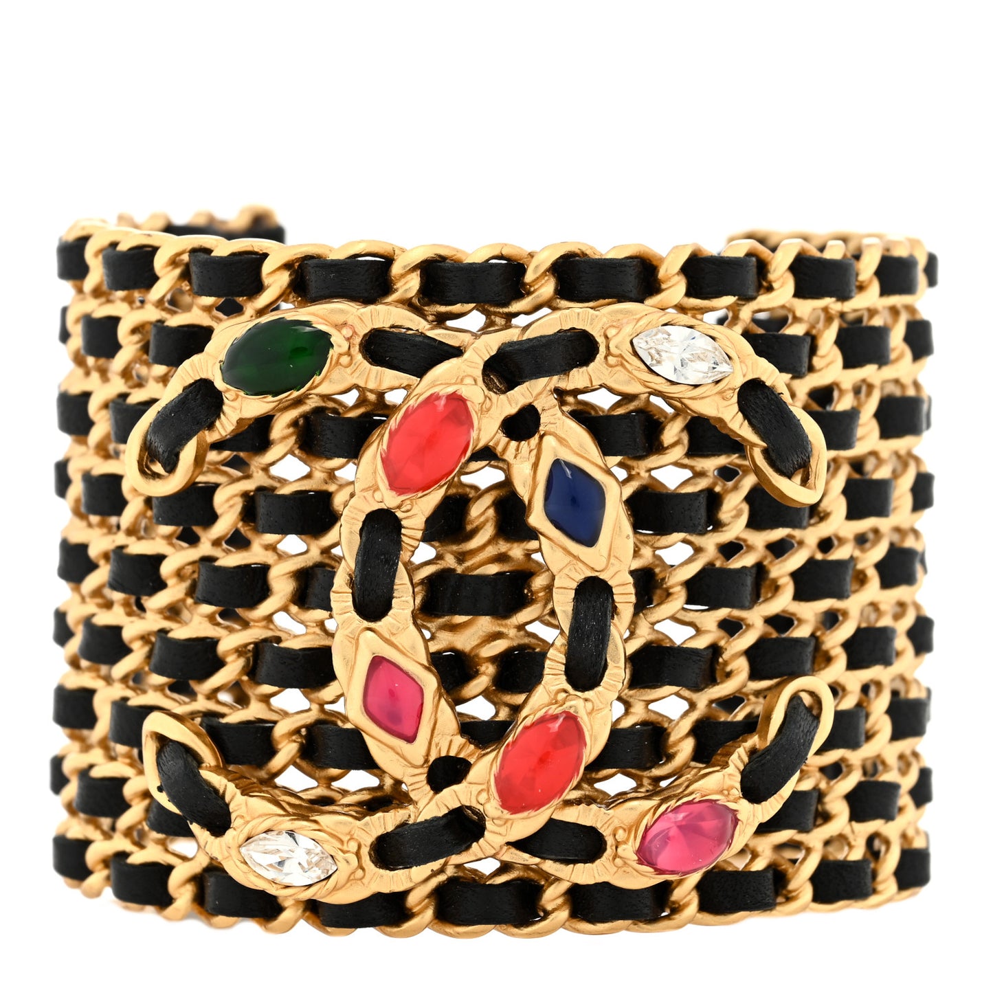 Lambskin Crystal Chain CC Cuff Bracelet Black Gold Multicolor