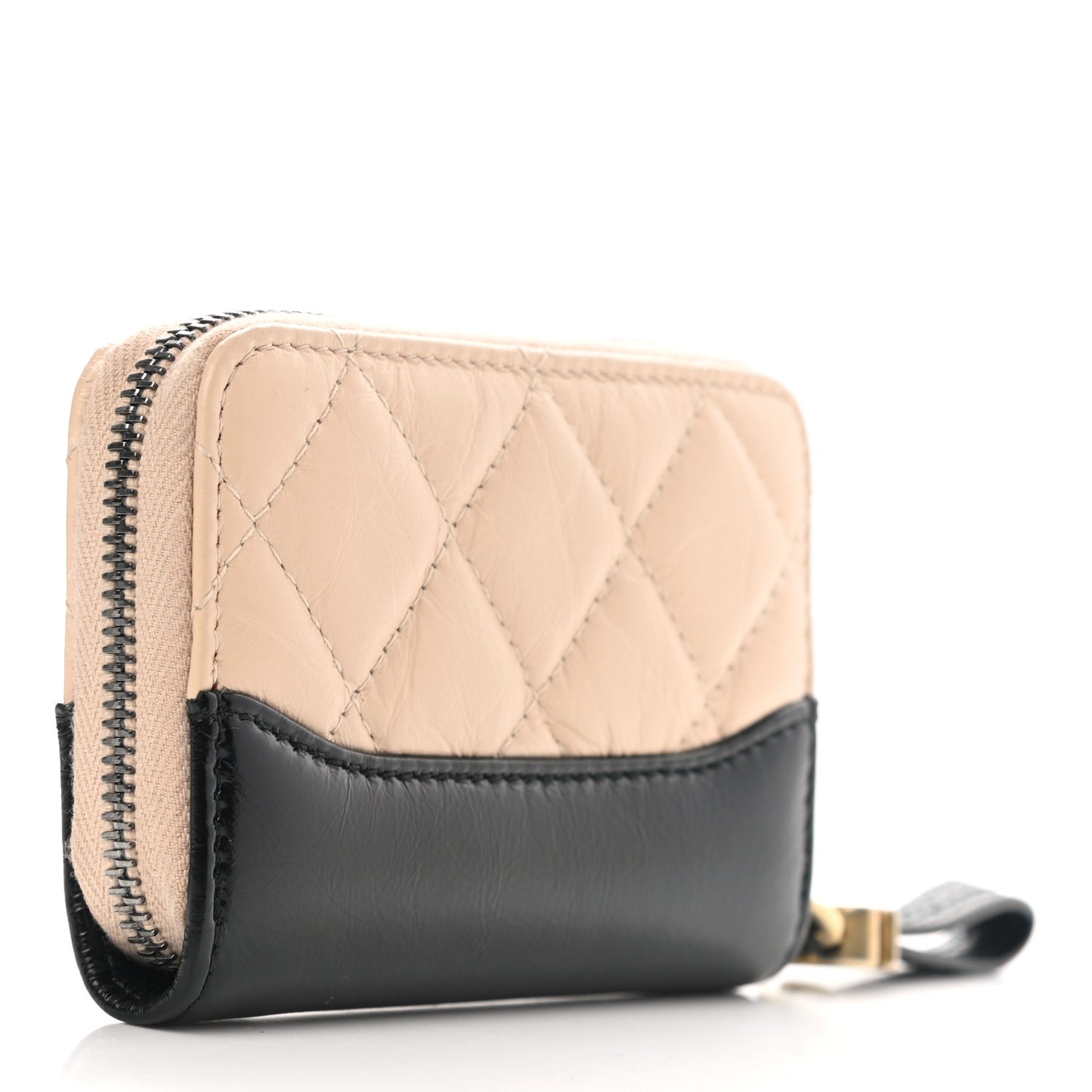 Aged Calfskin Quilted Gabrielle Zip Around Coin Purse Wallet Beige Black