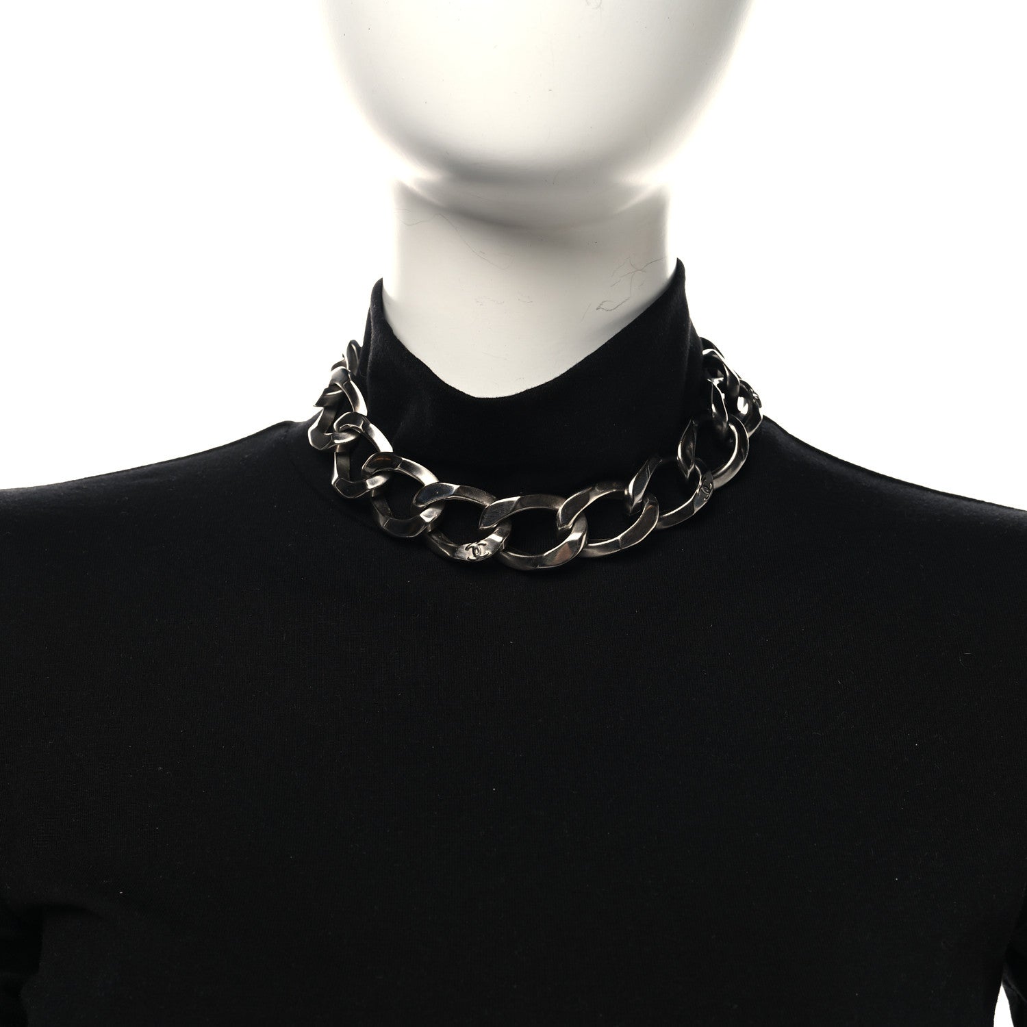 Chanel Metal Chain Link CC Choker Necklace Silver 2 of 5