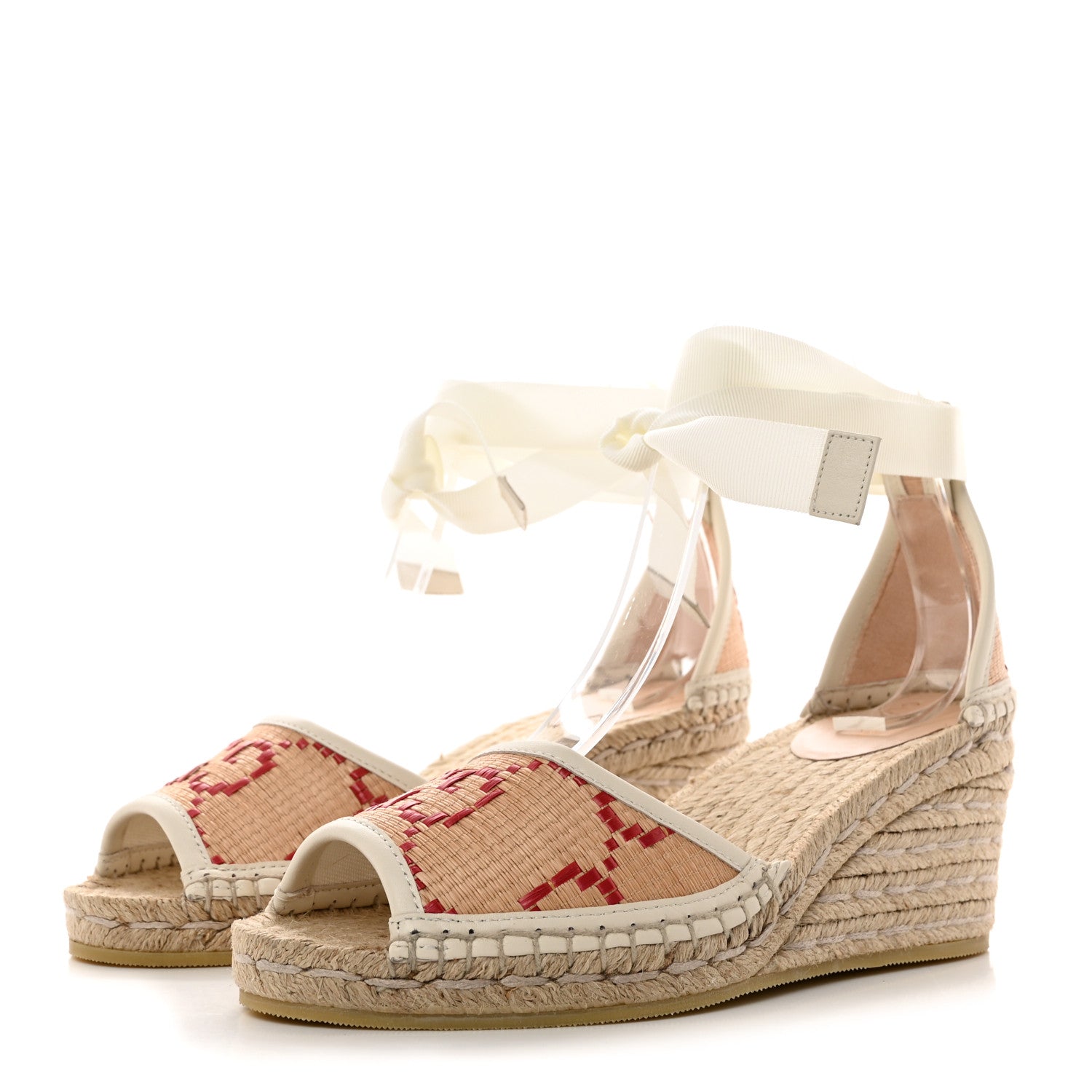 Gucci GG Raffia Monogram Ankle Wrap Platform Espadrille Wedge Sandals 37.5 Beige 3 of 9