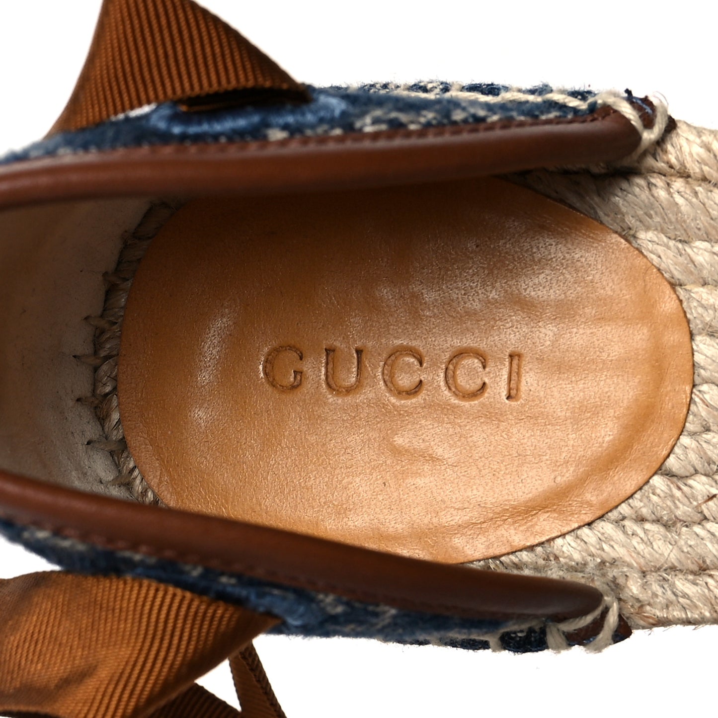 Denim GG Monogram Ankle Wrap Platform Espadrille Wedges 38.5 Blue Tea Cuir