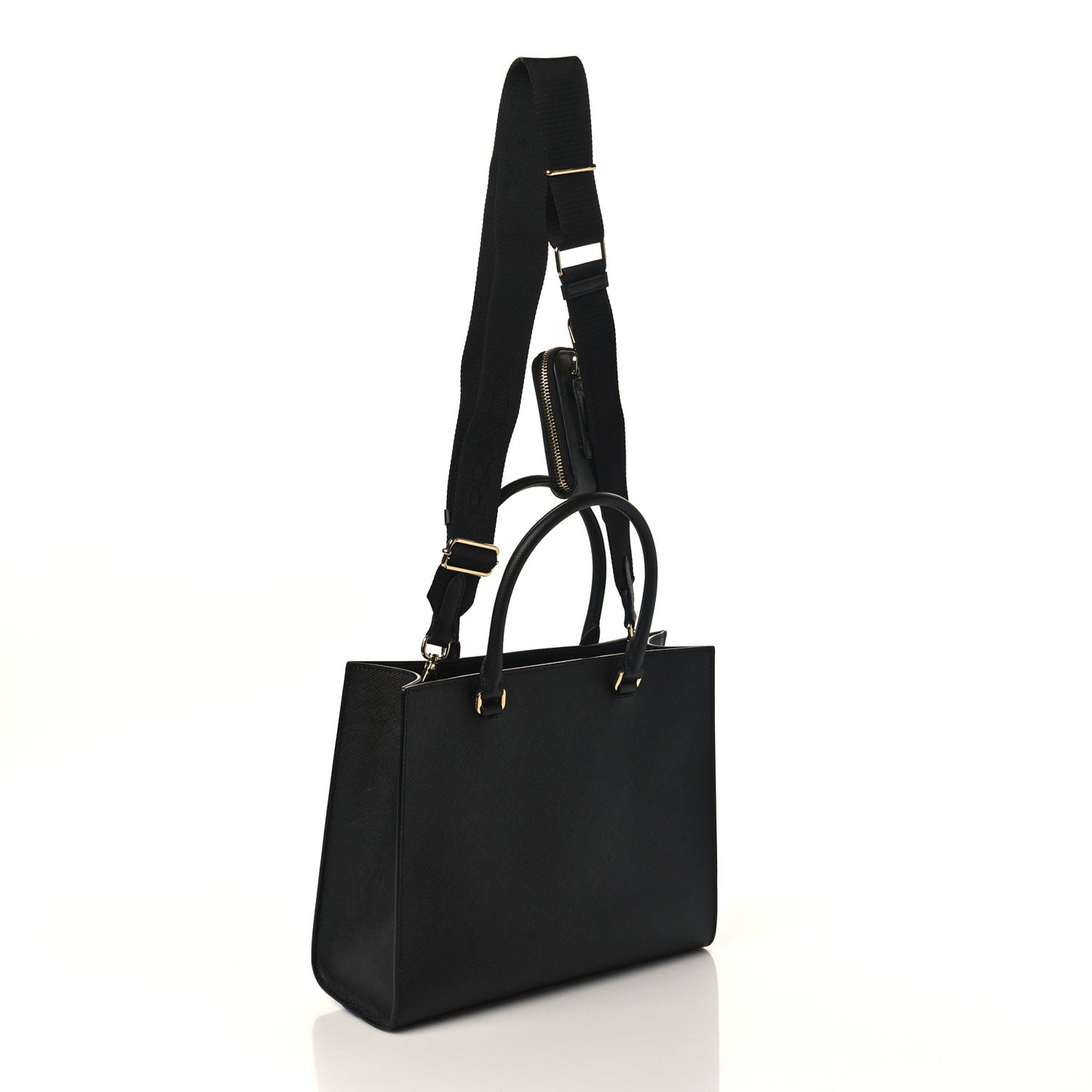 Saffiano Lux Logo Embossed Medium Shoulder Tote Handbag Black