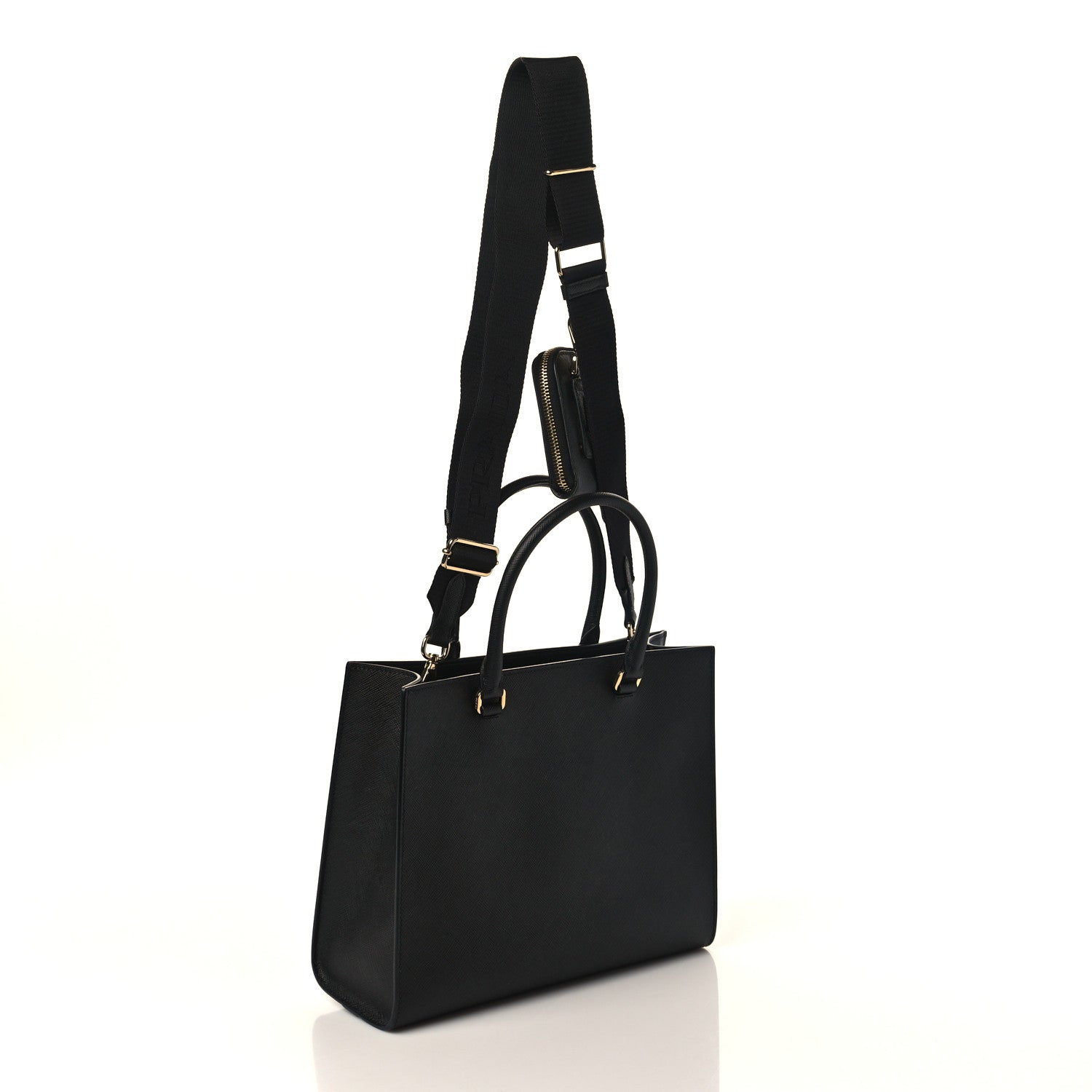 Prada Saffiano Lux Logo Embossed Medium Shoulder Tote Handbag Black 3 of 8