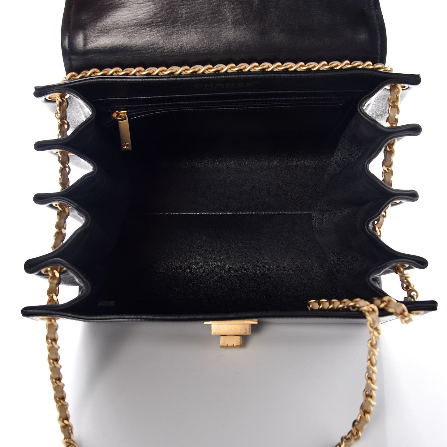 Patent Lambskin Chocolate Bar Accordion Flap Black Beige