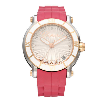 Chopard Stainless Steel 18K Rose Gold Rubber 5 Diamond 36mm Happy Sport Guilloche Quartz Watch 1 of 5