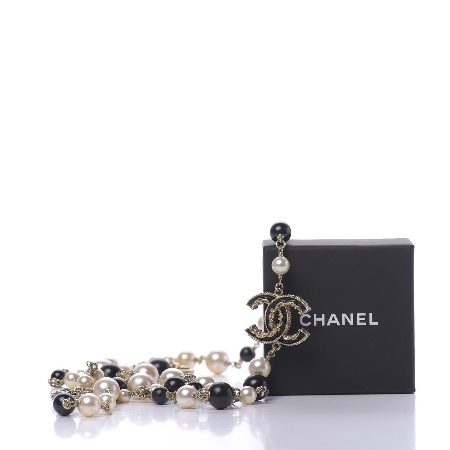 Pearl Bead Enamel CC Long Necklace Black Gold