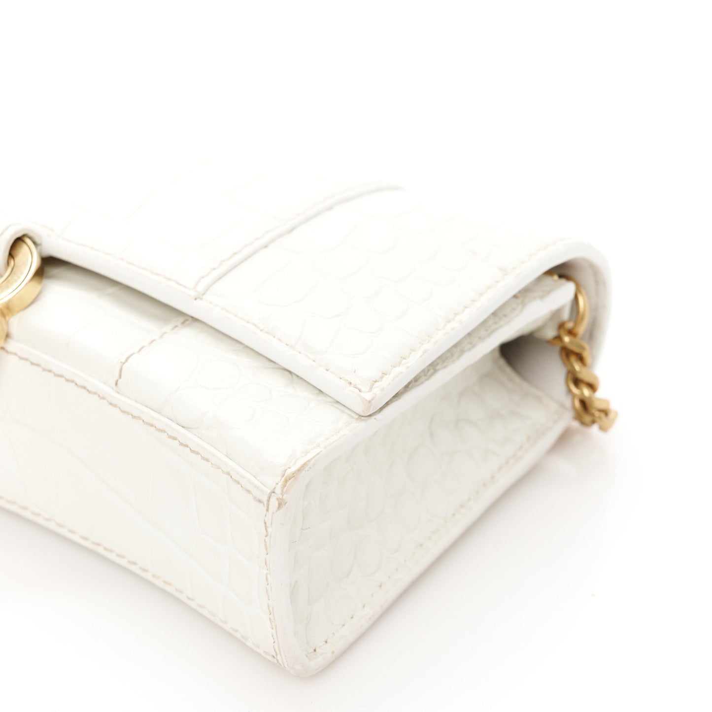 Shiny Calfskin Crocodile Embossed Hourglass Chain Bag White