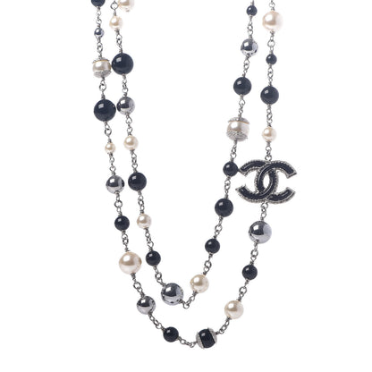 Chanel Pearl Beaded Enamel CC Long Necklace Silver 1 of 5