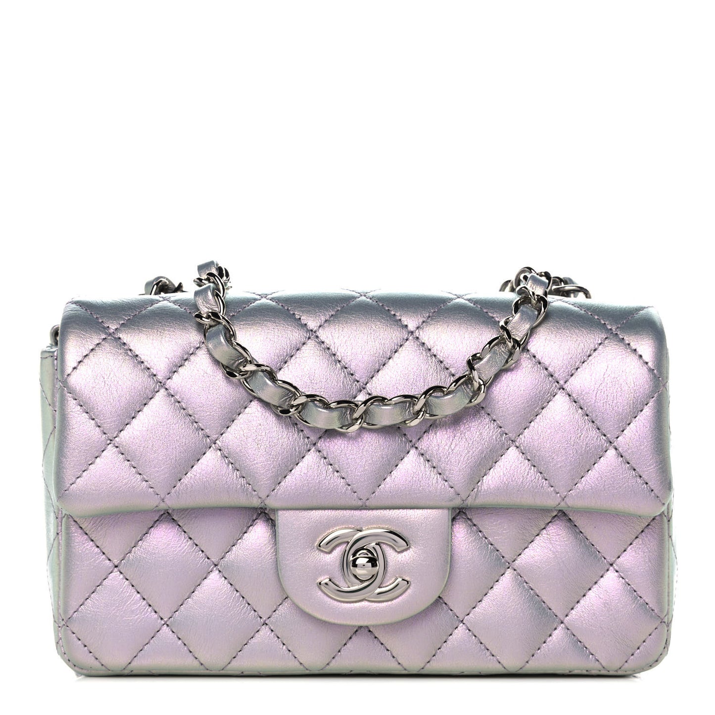 Iridescent Calfskin Quilted Mini Rectangular Flap Purple