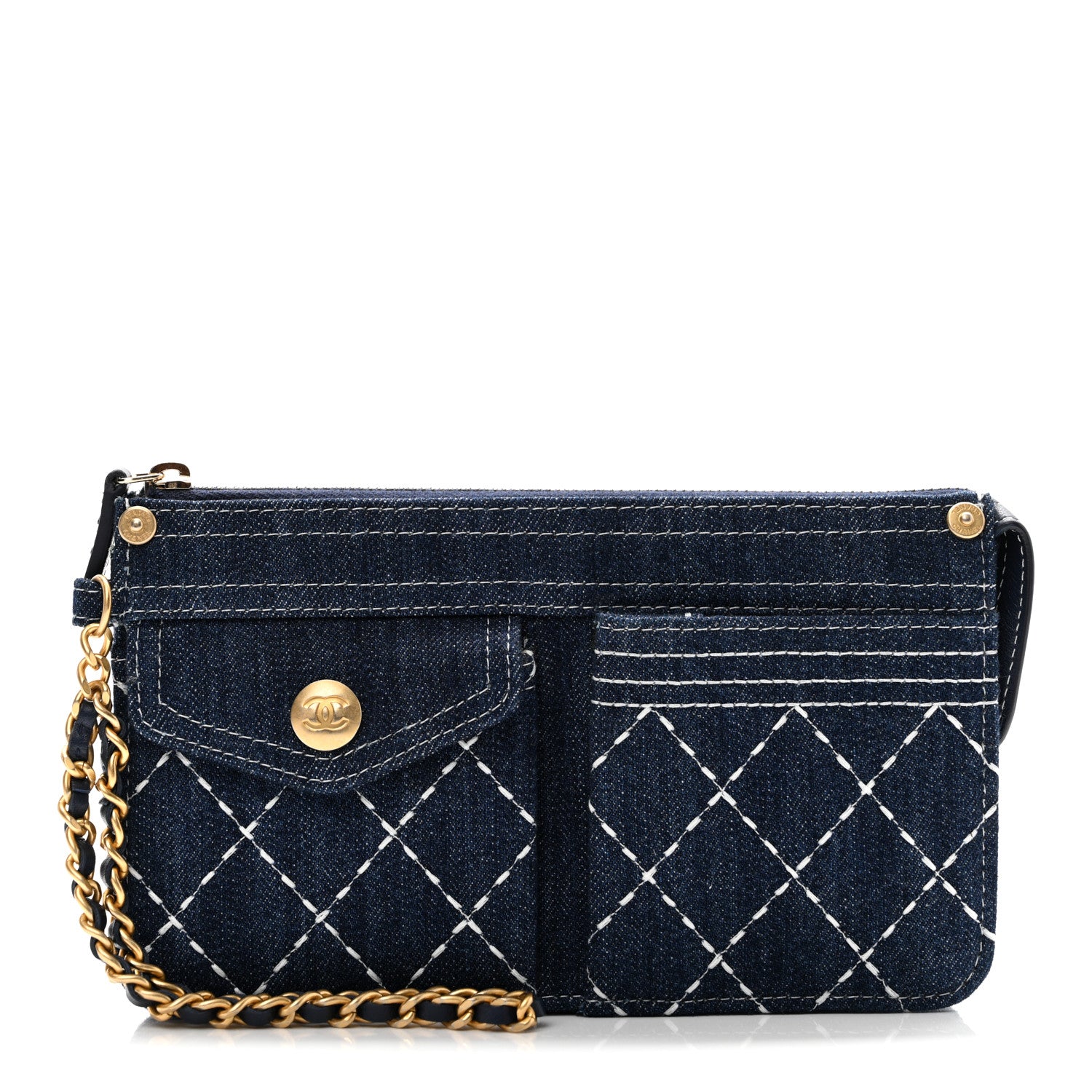 シャネル　グリポワリング　USED M70918-11 Chanel Denim Quilted Zipped Wristlet Clutch Blue 1785555