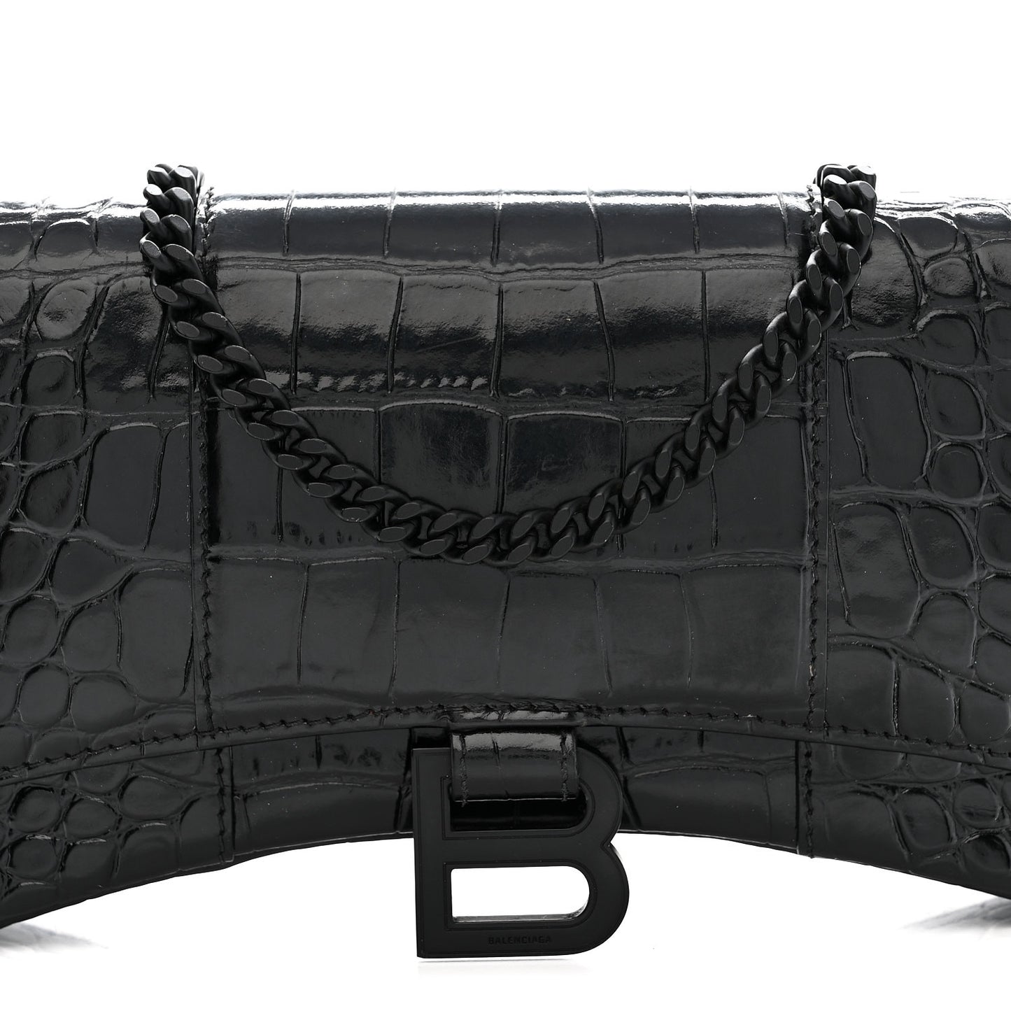 Shiny Calfskin Monochrome Crocodile Embossed Hourglass Chain Bag Black