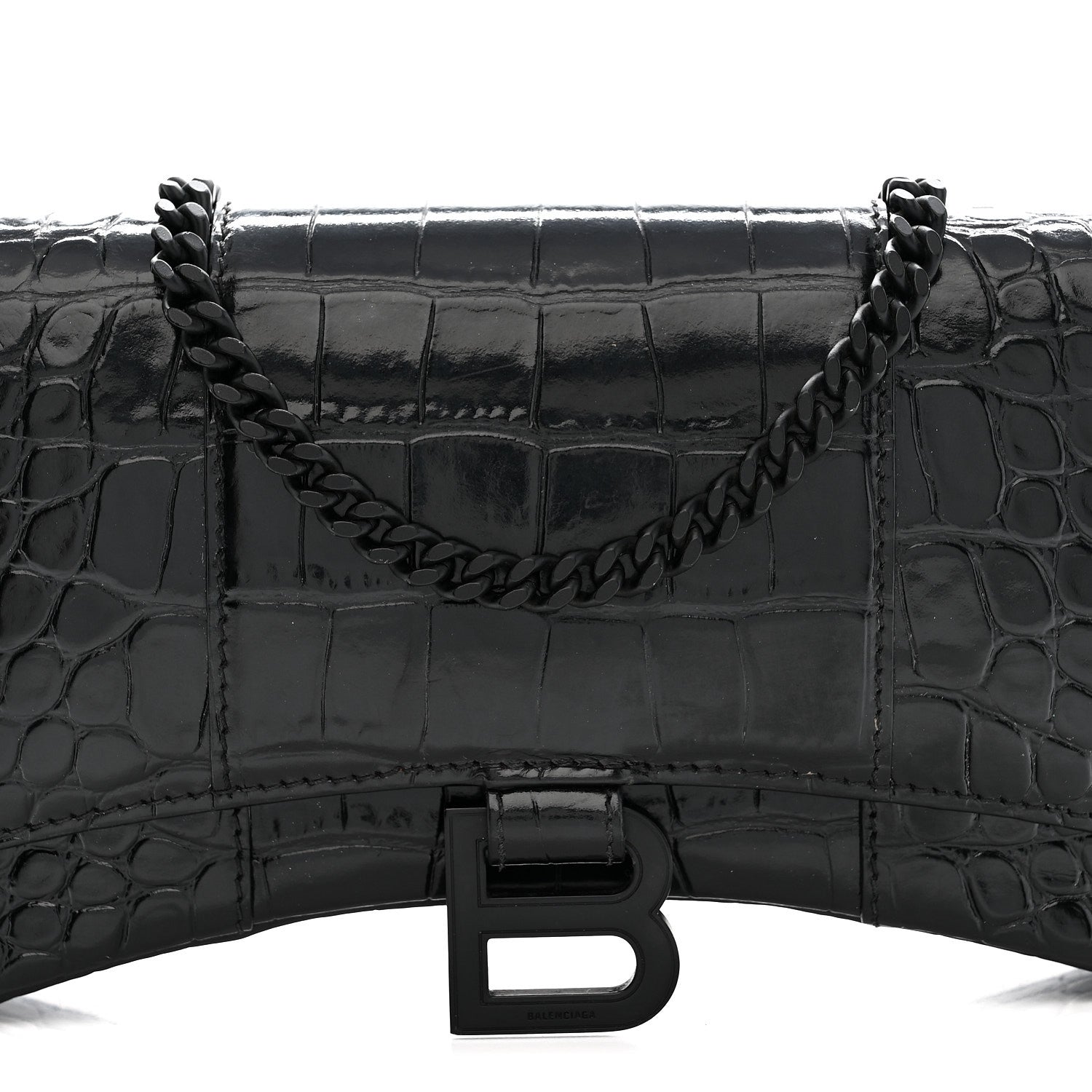 Balenciaga Shiny Calfskin Monochrome Crocodile Embossed Hourglass Chain Bag Black 7 of 12