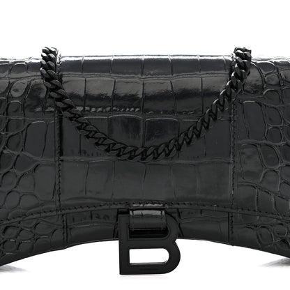 Balenciaga Shiny Calfskin Monochrome Crocodile Embossed Hourglass Chain Bag Black 7 of 12