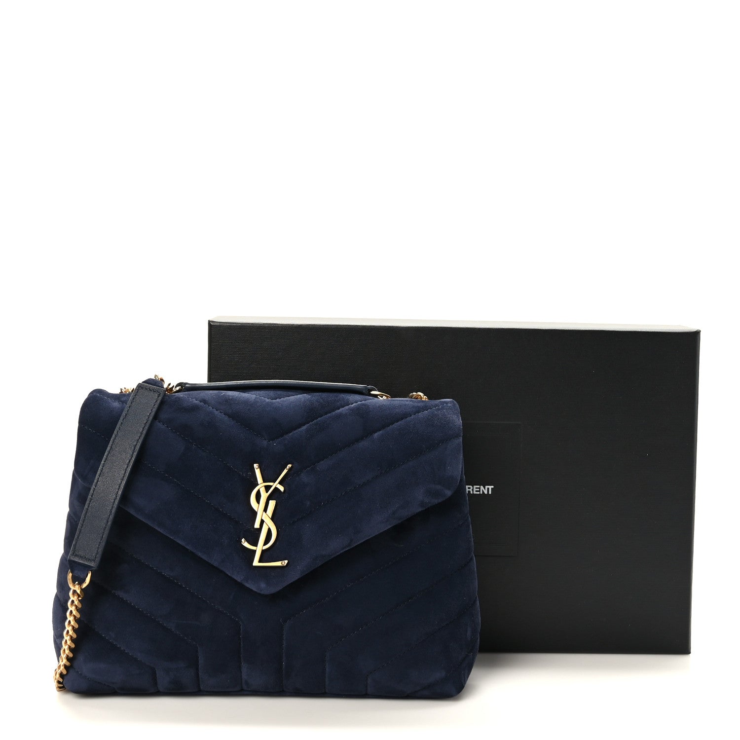 Saint Laurent Suede Calfskin Y Quilted Monogram Small Loulou Chain Satchel Deep Marine 10 of 10