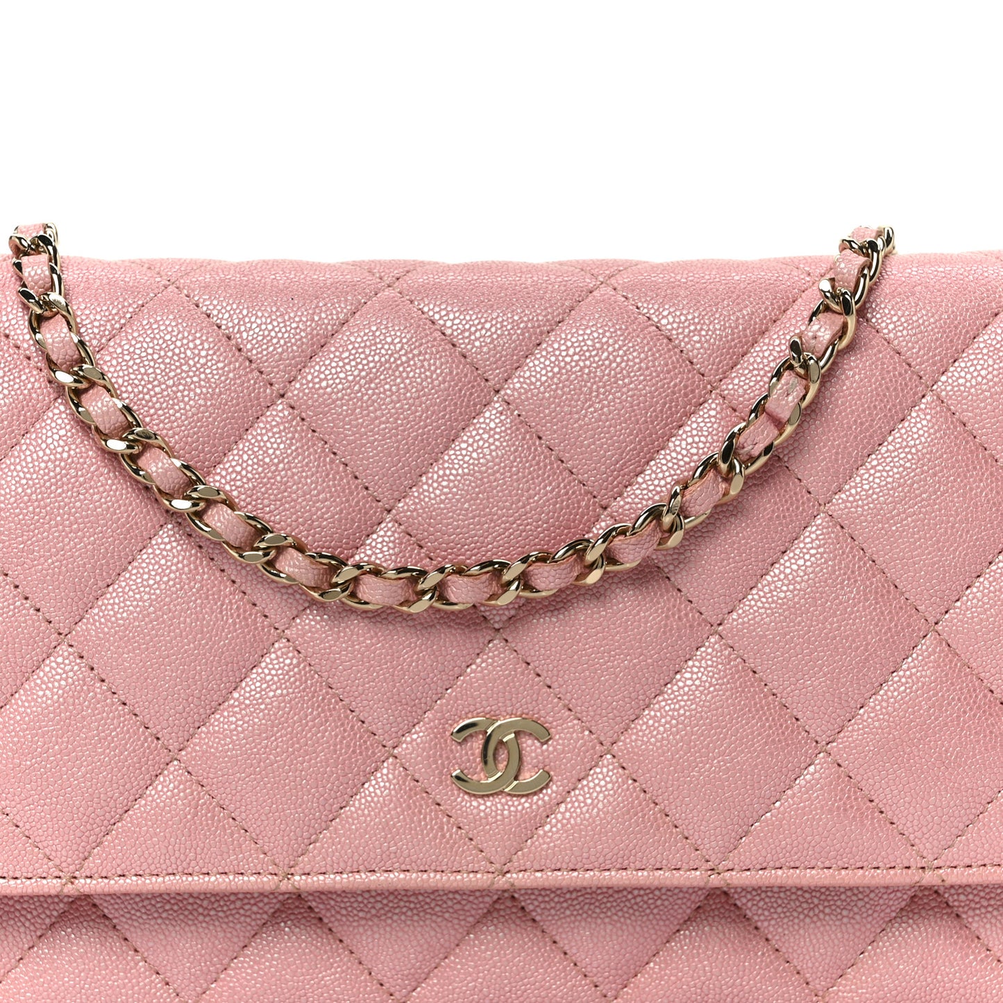 Iridescent Caviar Quilted Wallet on Chain WOC Rose Pink