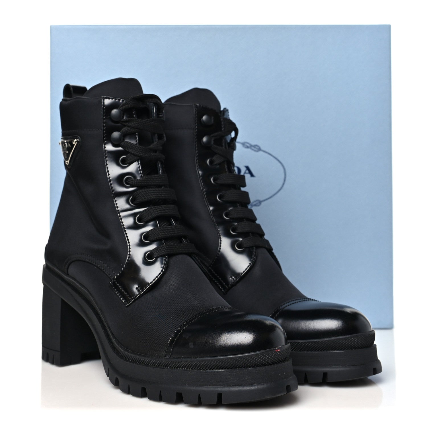 Prada Spazzolato Re-Nylon Metal Triangle Logo Lace Up 55mm Ankle Boots 40.5 Black 10 of 10