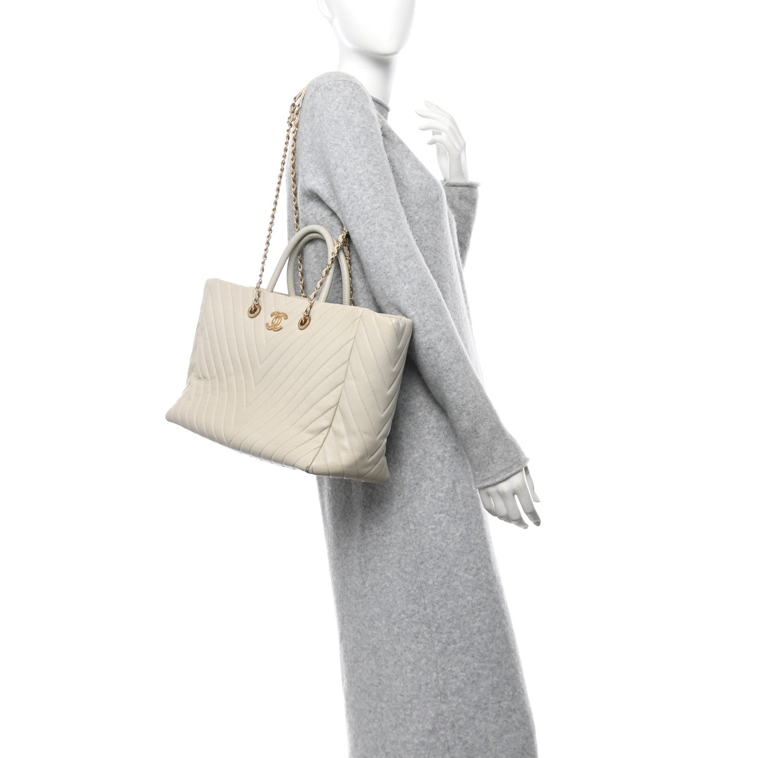 Chanel Caviar Chevron Quilted Coco Handle Shopping Tote Ivory 2 of 13