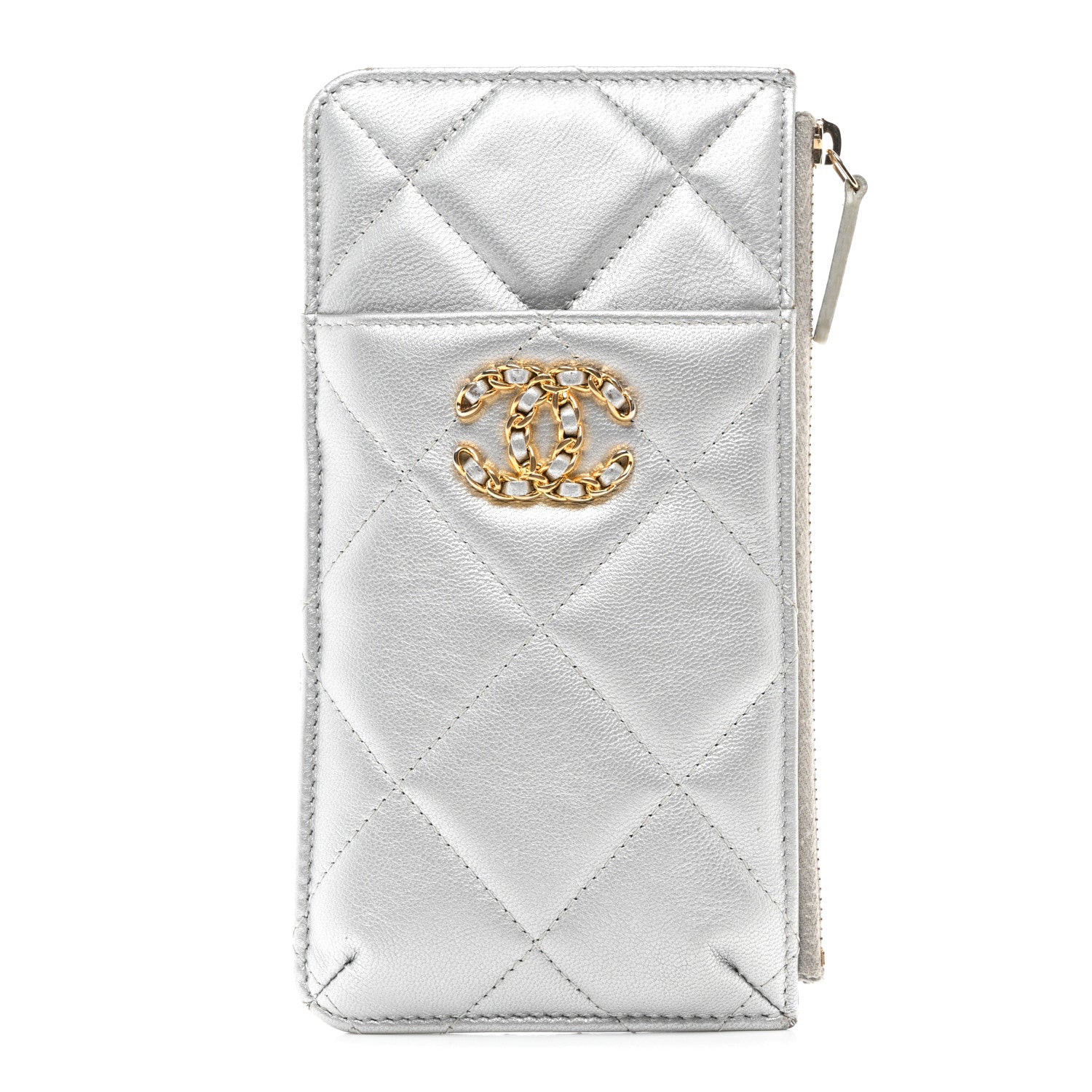 Chanel Metallic Goatskin Quilted Chanel 19 Flat Wallet Pouch Silver 1 of 8
