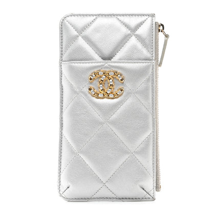Chanel Metallic Goatskin Quilted Chanel 19 Flat Wallet Pouch Silver 1 of 8