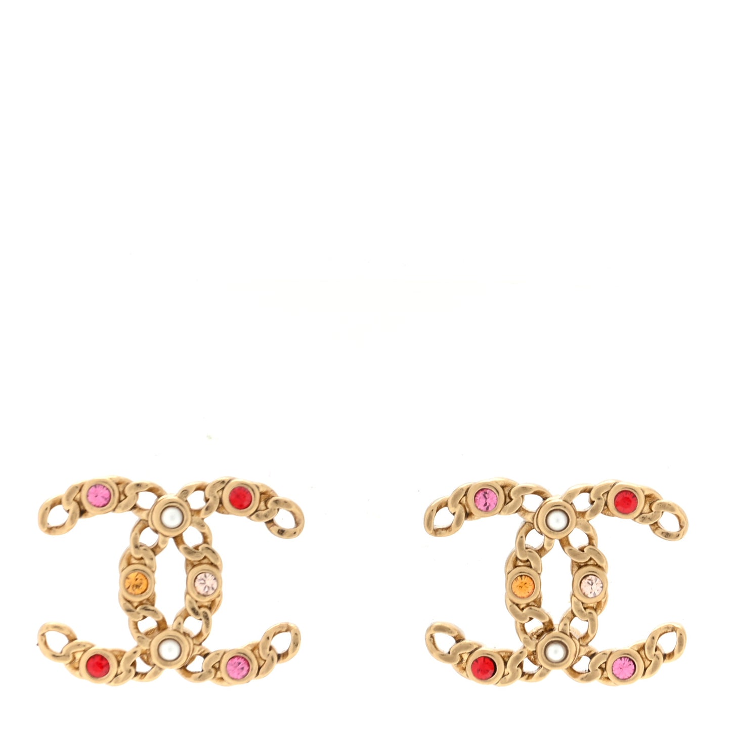 Pearl Crystal Chain Link CC Earrings Gold Red Pink Yellow