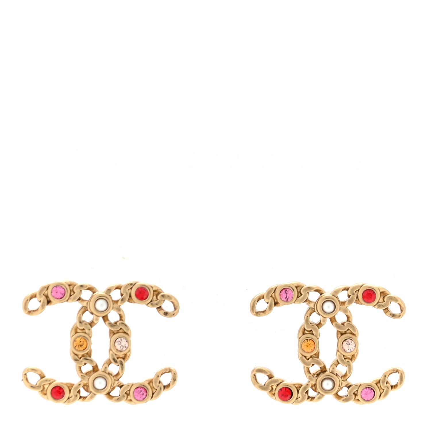 Chanel Pearl Crystal Chain Link CC Earrings Gold Red Pink Yellow 1 of 4