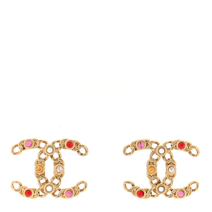 Chanel Pearl Crystal Chain Link CC Earrings Gold Red Pink Yellow 1 of 4