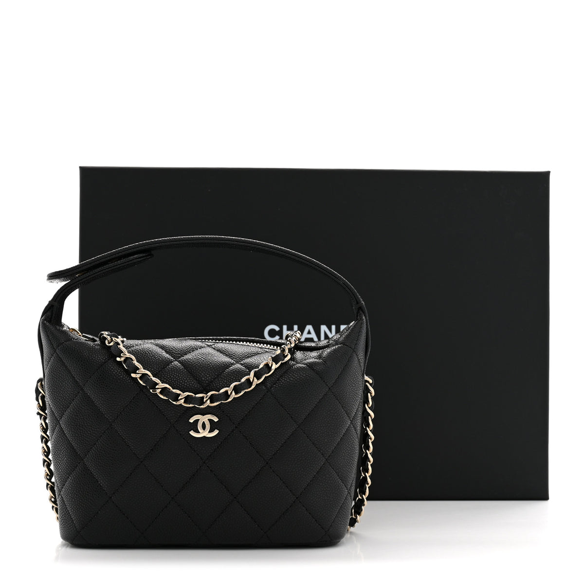 Caviar Quilted Hobo Clutch With Chain Black