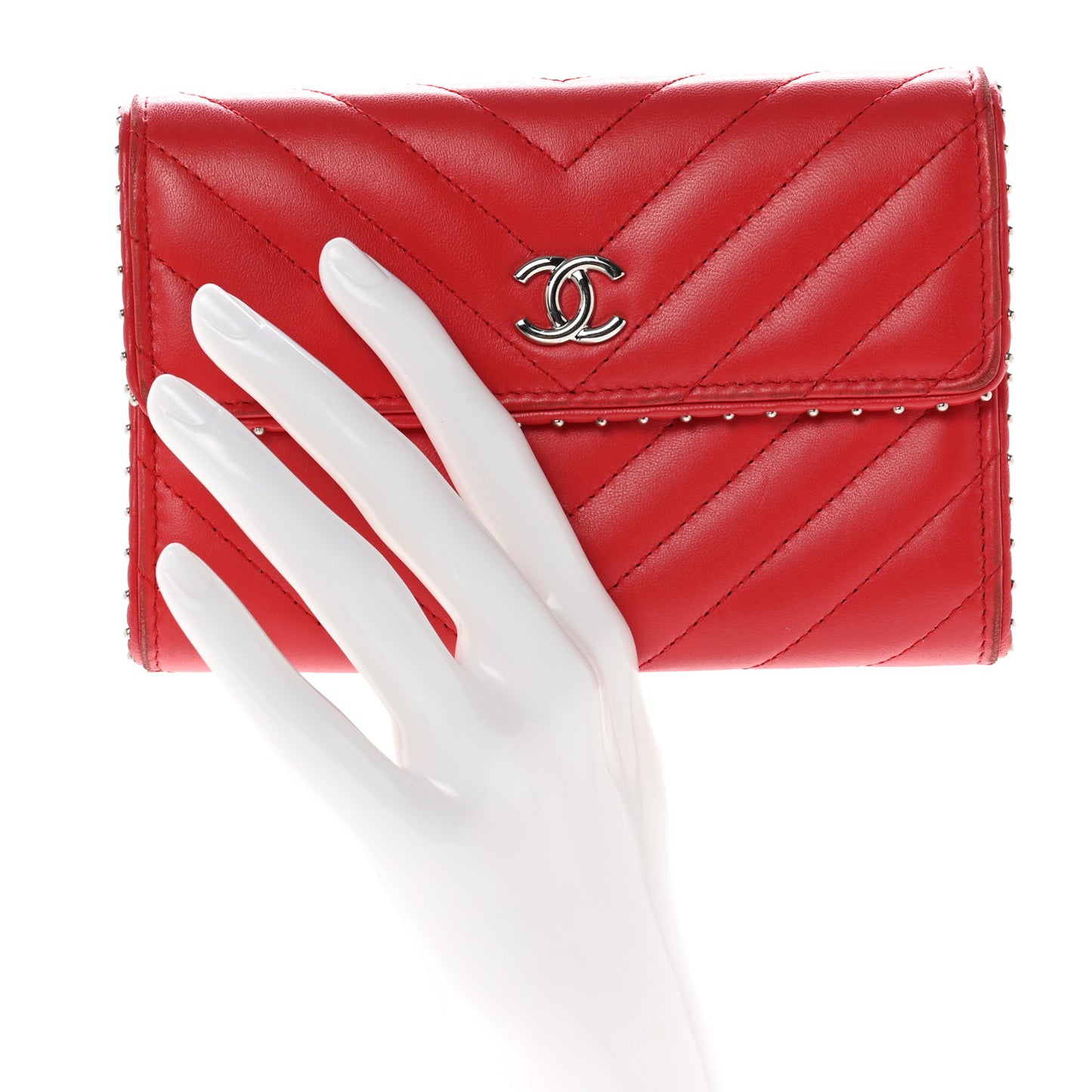 Lambskin Chevron Quilted Studded Card Holder Red