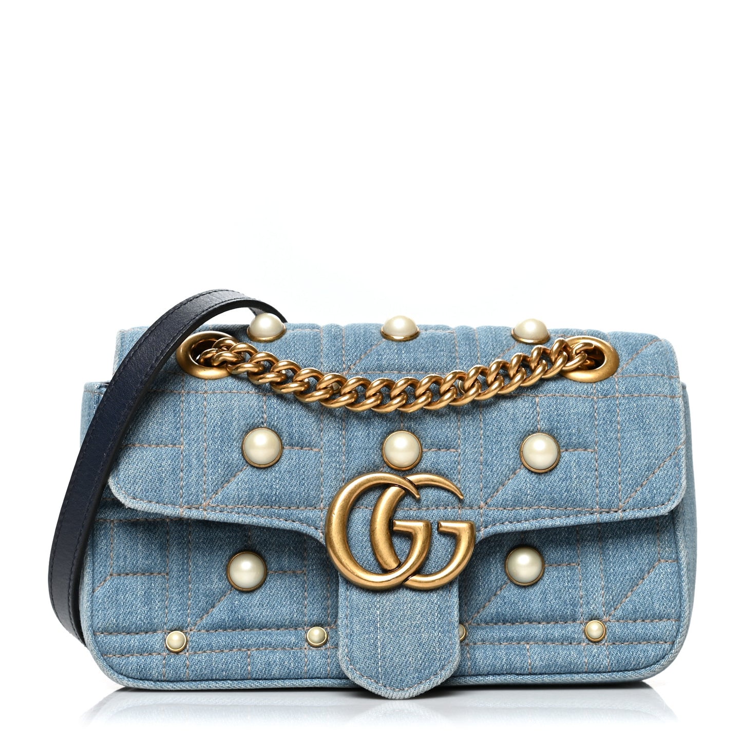 Denim Matelasse Pearl Studded Mini GG Marmont Shoulder Bag Blue