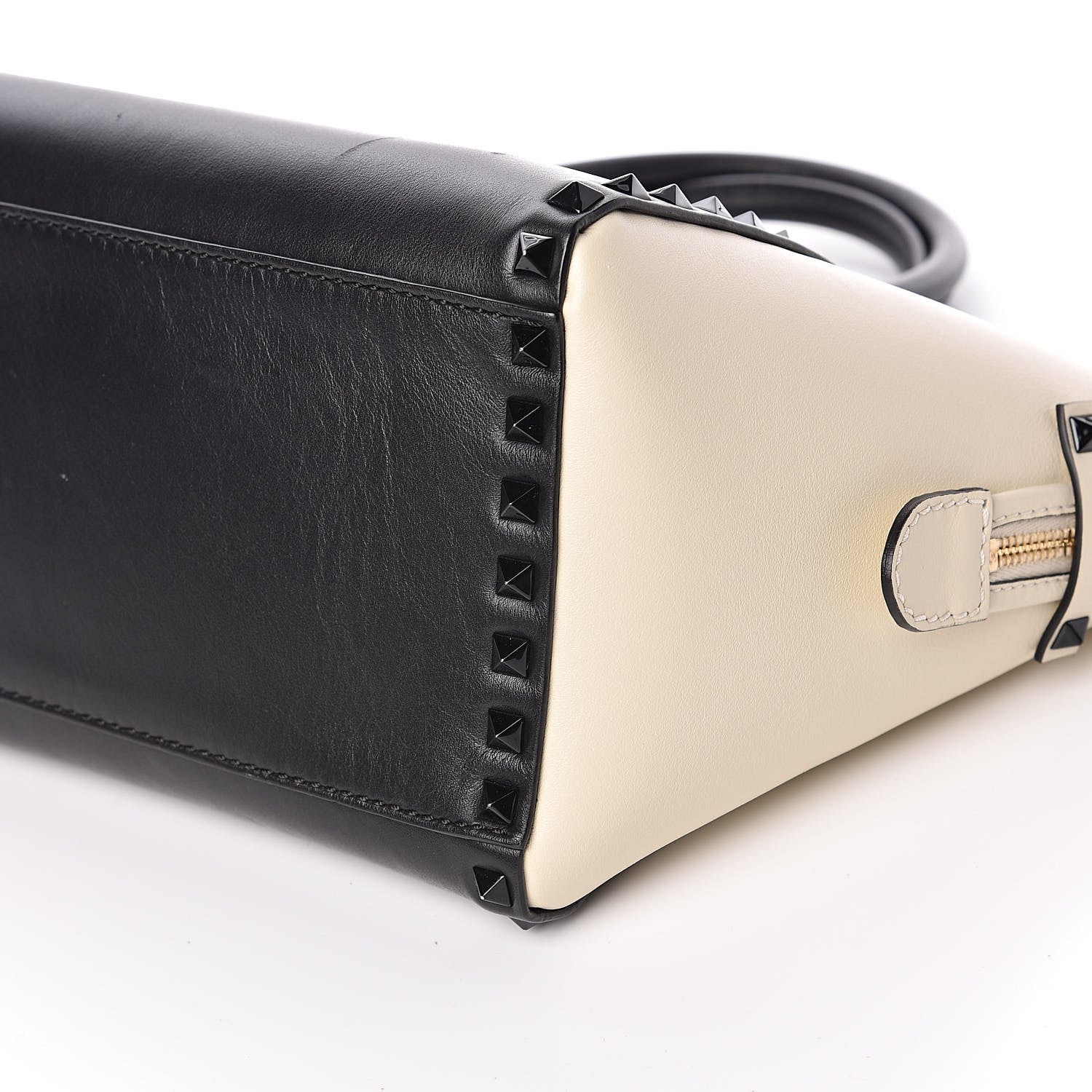 Valentino Garavani Vitello Bi-Color Small Rockstud Double Handle Tote Ivory Black 9 of 12