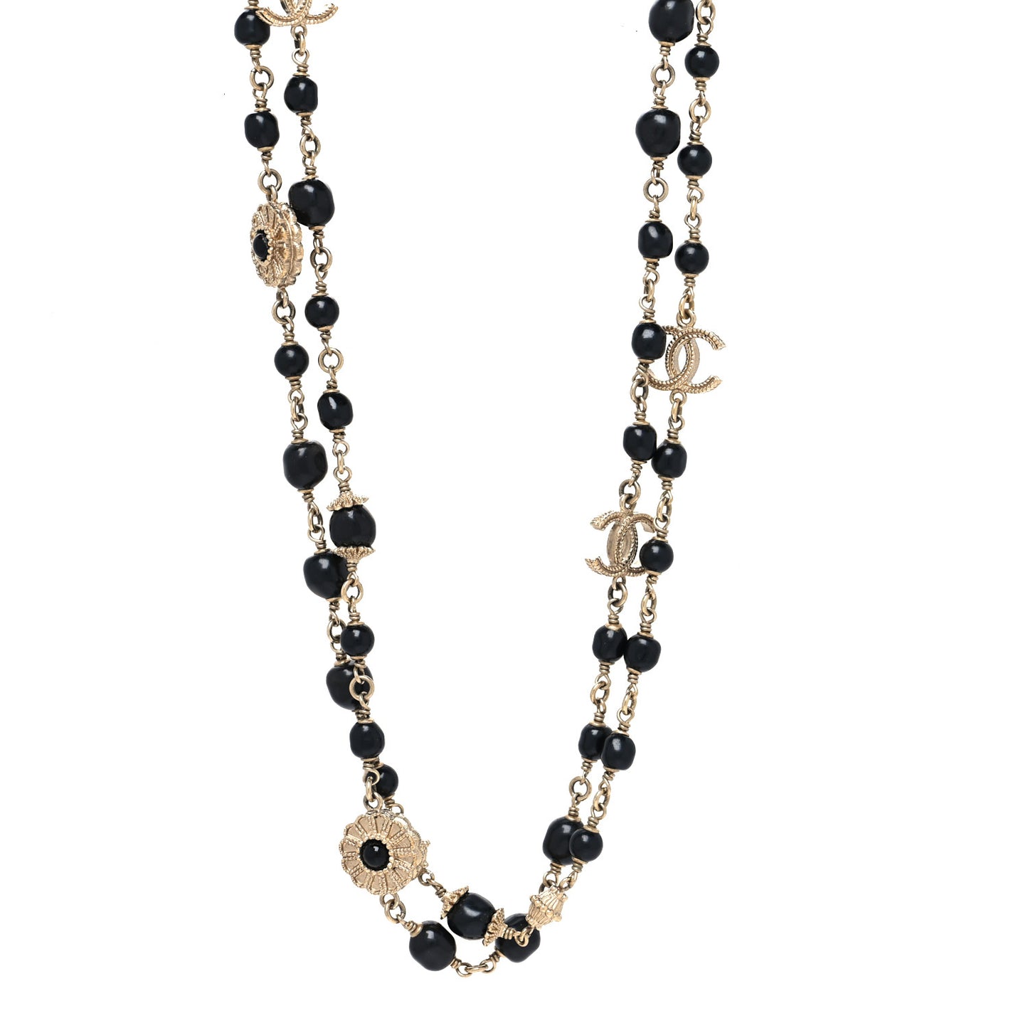 Pearl Beaded Crystal CC Long Necklace Gold Black