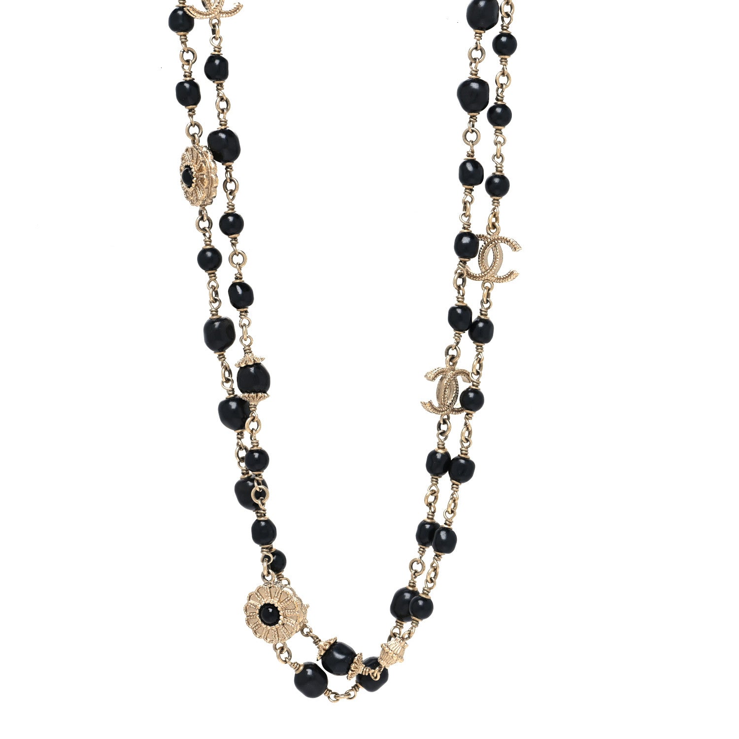 Chanel Pearl Beaded Crystal CC Long Necklace Gold Black 1 of 5