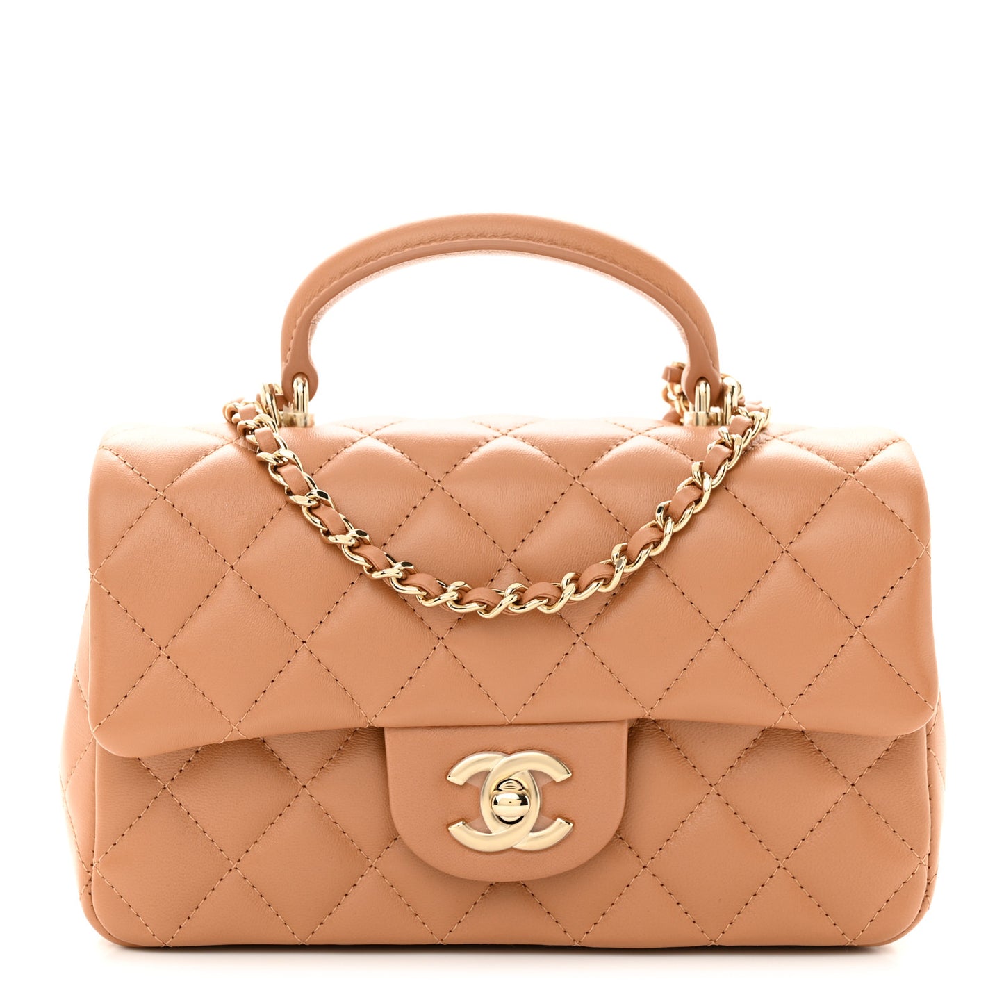 Lambskin Quilted Mini Top Handle Rectangular Flap Dark Beige