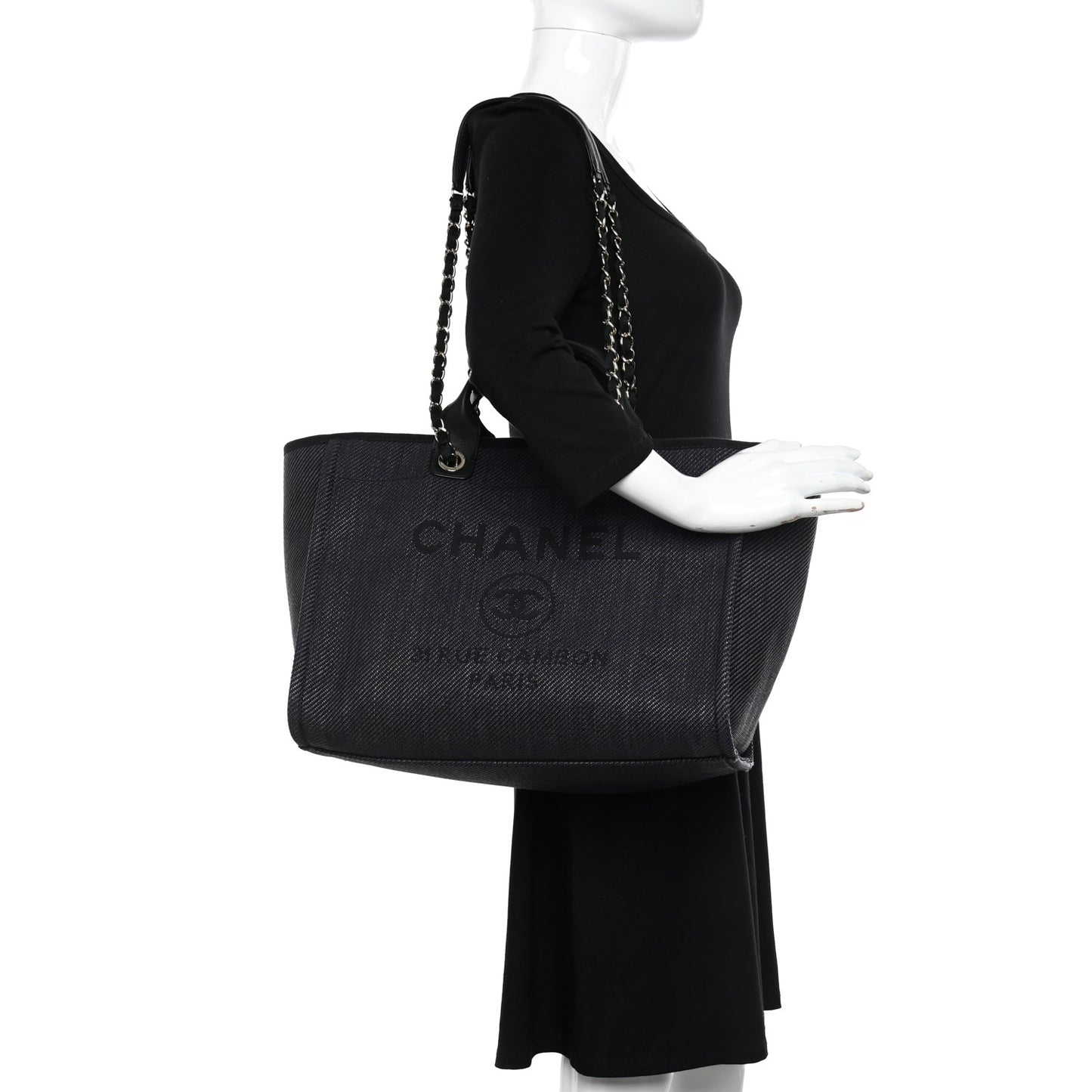 Woven Straw Raffia Medium Deauville Tote Black