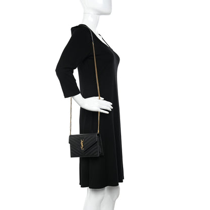 Saint Laurent Grain De Poudre Matelasse Chevron Monogram Envelope Chain Wallet Black 2 of 13