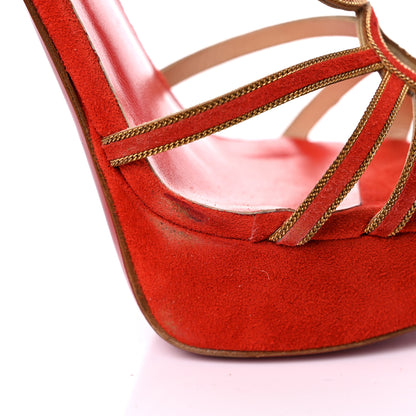 Christian Louboutin Veau Velours 20 Ans Chain Troisronds 140 Sandals 36.5 Mandarin Red Gold 21 of 25