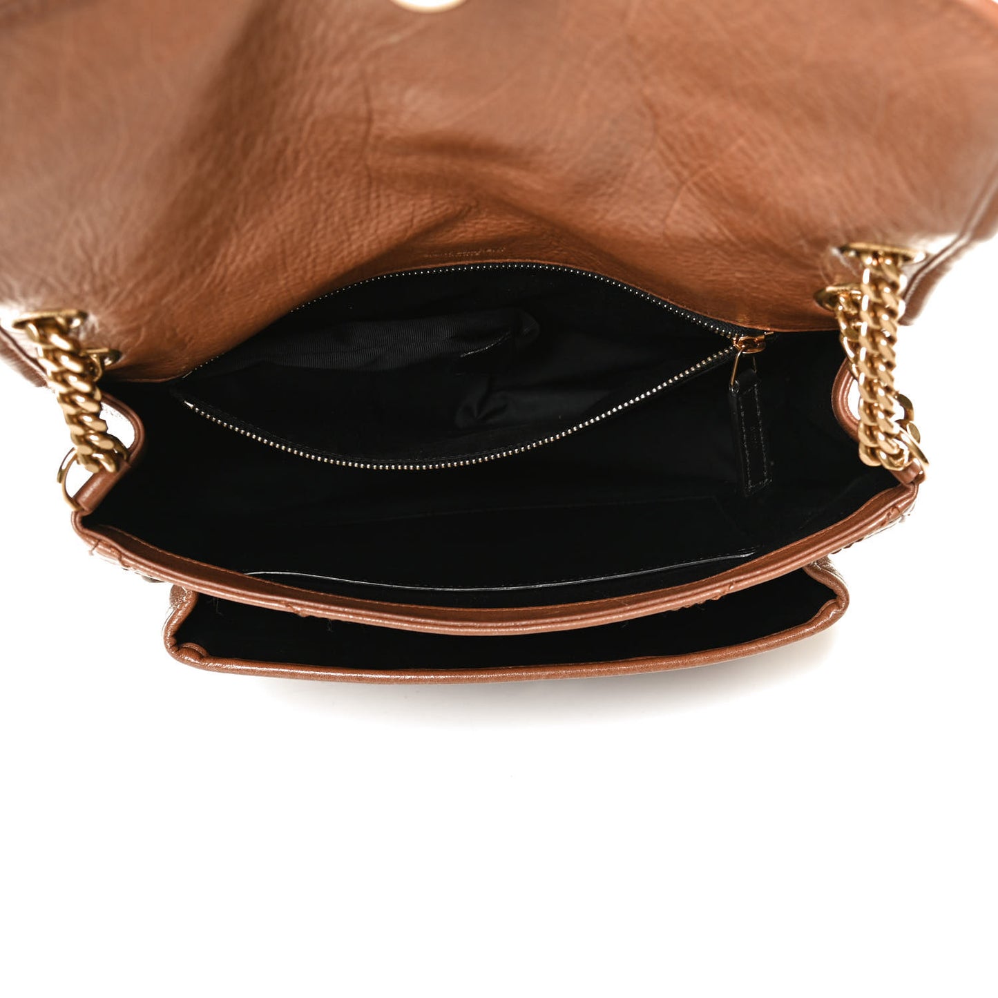 Crinkled Calfskin Matelasse Monogram Medium Niki Chain Satchel Caramel