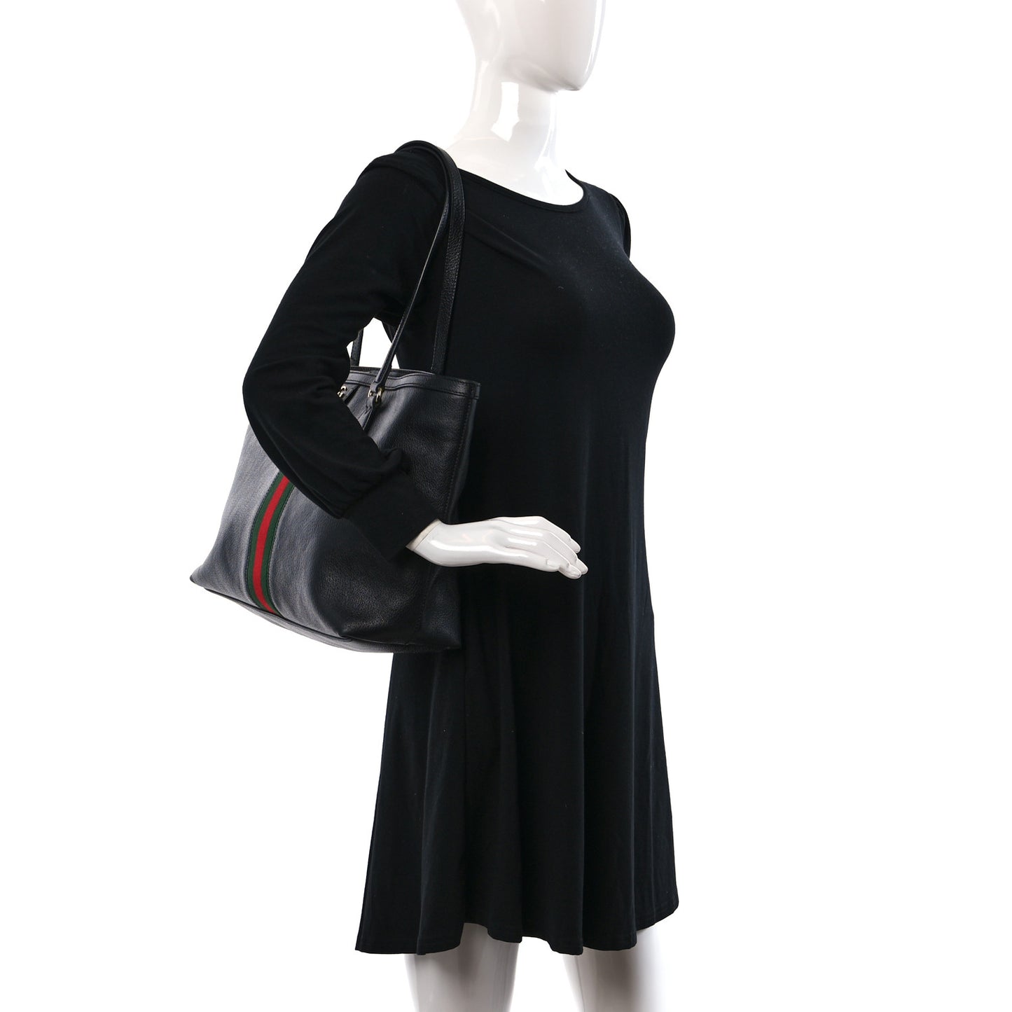 Textured Calfskin Web Medium Ophidia Shopping Tote Black