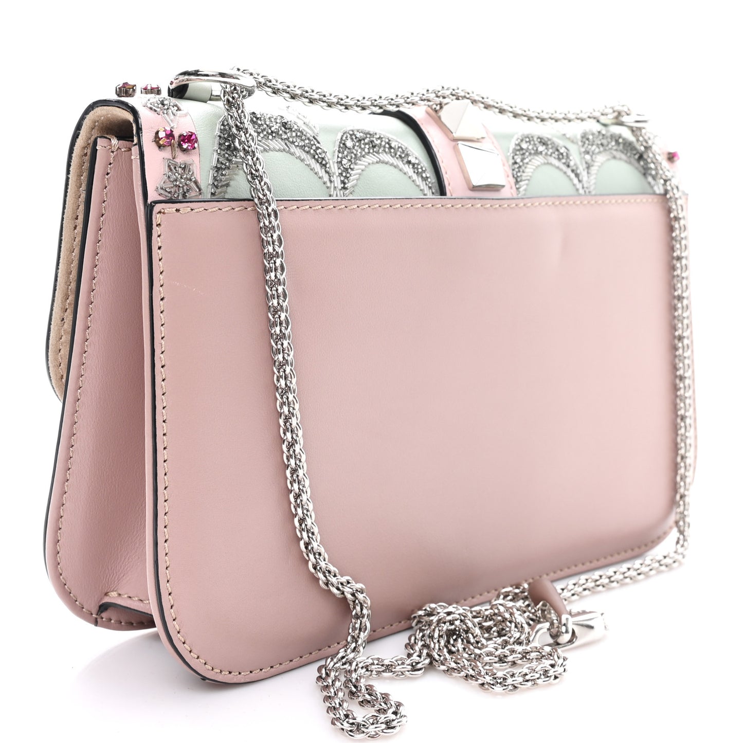 Vitello Crystal Embellished Medium Glam Lock Rockstud Flap Poudre