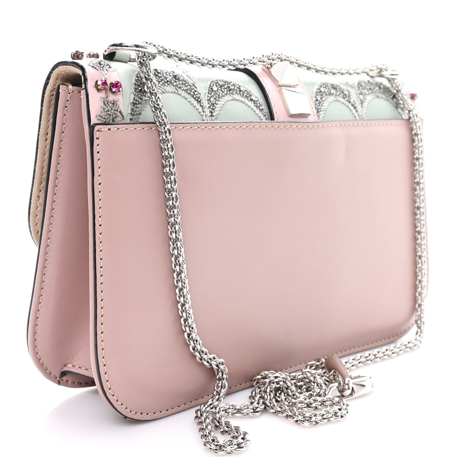 Valentino Garavani Vitello Crystal Embellished Medium Glam Lock Rockstud Flap Poudre 3 of 12