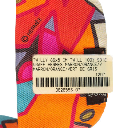 Hermes Silk Graff Graffiti Twilly Marron Orange Vert De Gris 3 of 4