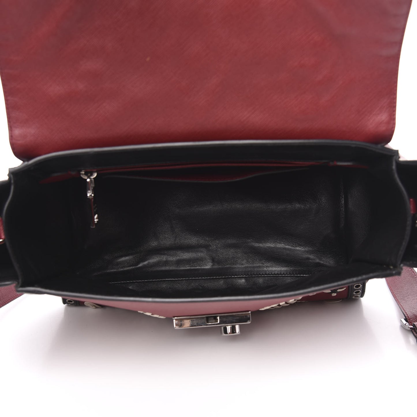 Saffiano Embroidered Sound Twin Pocket Satchel Cherry Black