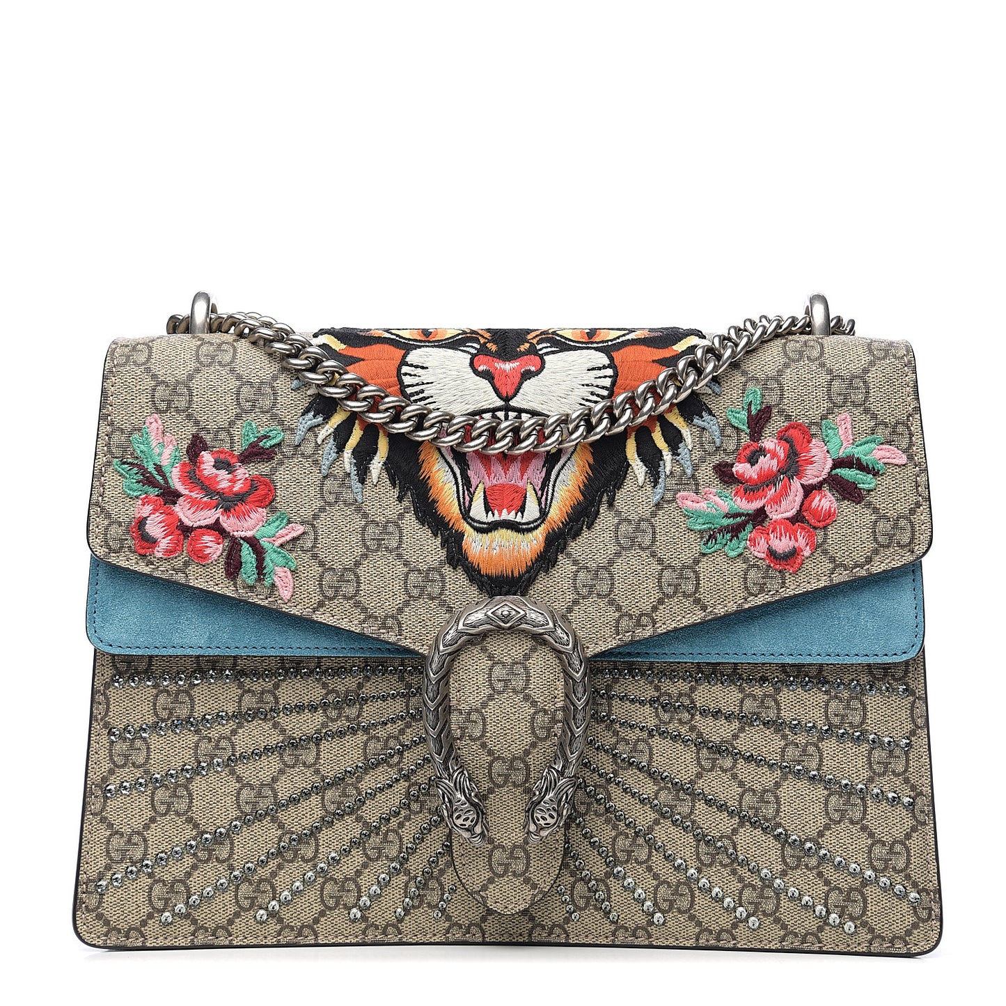 GG Supreme Monogram Angry Cat Embroidered Medium Dionysus Shoulder Bag Beige Ultramarine