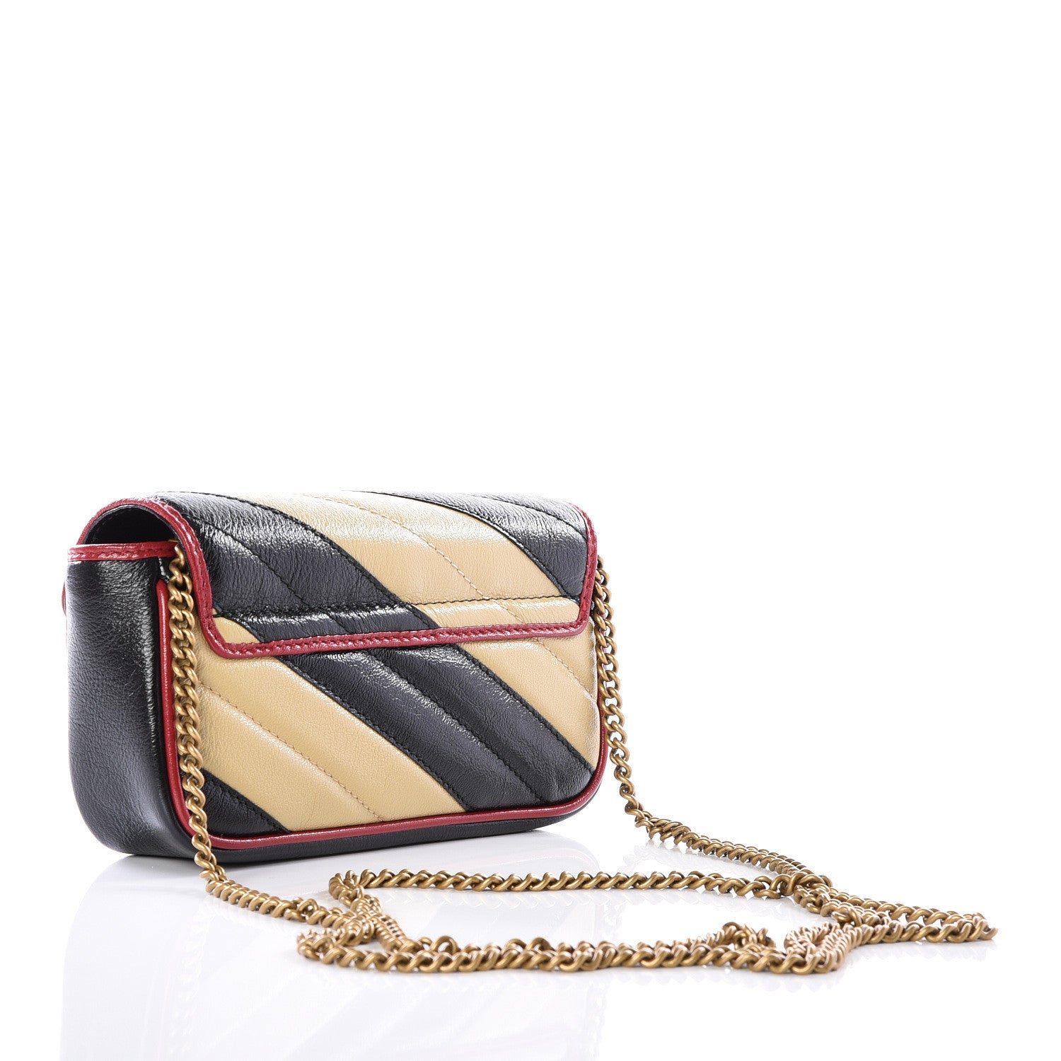 Gucci Vintage Effect Calfskin Matelasse Diagonal Striped Super Mini Torchon GG Marmont Shoulder Bag Black Beige 2 of 10
