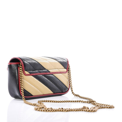 Gucci Vintage Effect Calfskin Matelasse Diagonal Striped Super Mini Torchon GG Marmont Shoulder Bag Black Beige 2 of 10